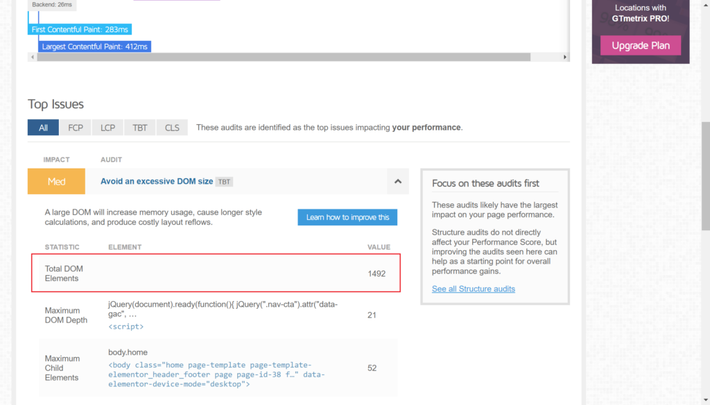 DOM size for emelentor home page from GTmetrics