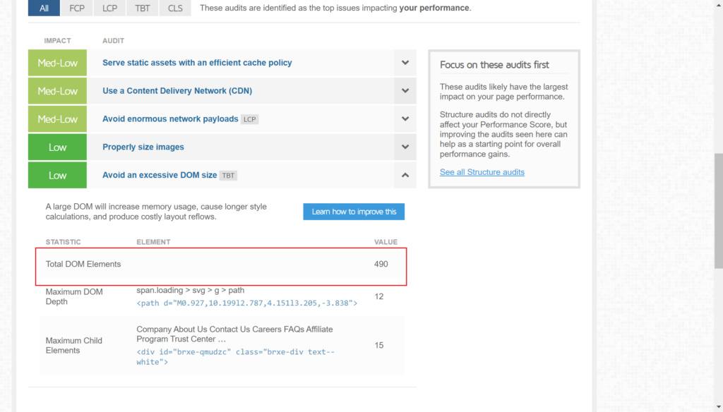 DOM size for emelentor home page built by bricks builder